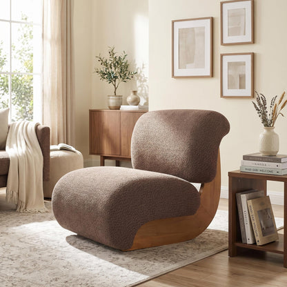 Merax 28" Modern Curved Boucle Accent Chair with Solid Wood Base, Mid-Century Armless Upholstered Slipper Lounge Chair for Living Room, Bedroom, Reading Nook, Natural + Brown