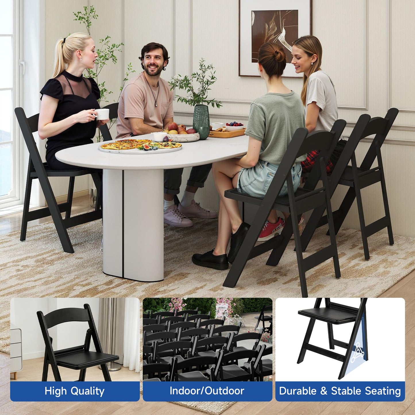 Winlice Black Resin Folding Chairs - Stackable Chairs with Padded Seats, 800LB Weight Capacity Comfortable Chair - Indoor/Outdoor Folding Chairs for Events - Lightweight Foldable Chairs (10 Pack)