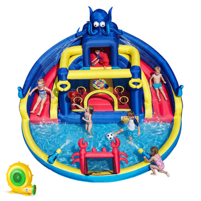 TOAOB Inflatable Water Slide for Kids 3-12: Blow Up Backyard Water Park with 550W Blower- 8 in 1 Octopus-Themed with 2 Slides for Outdoor Birthday Party