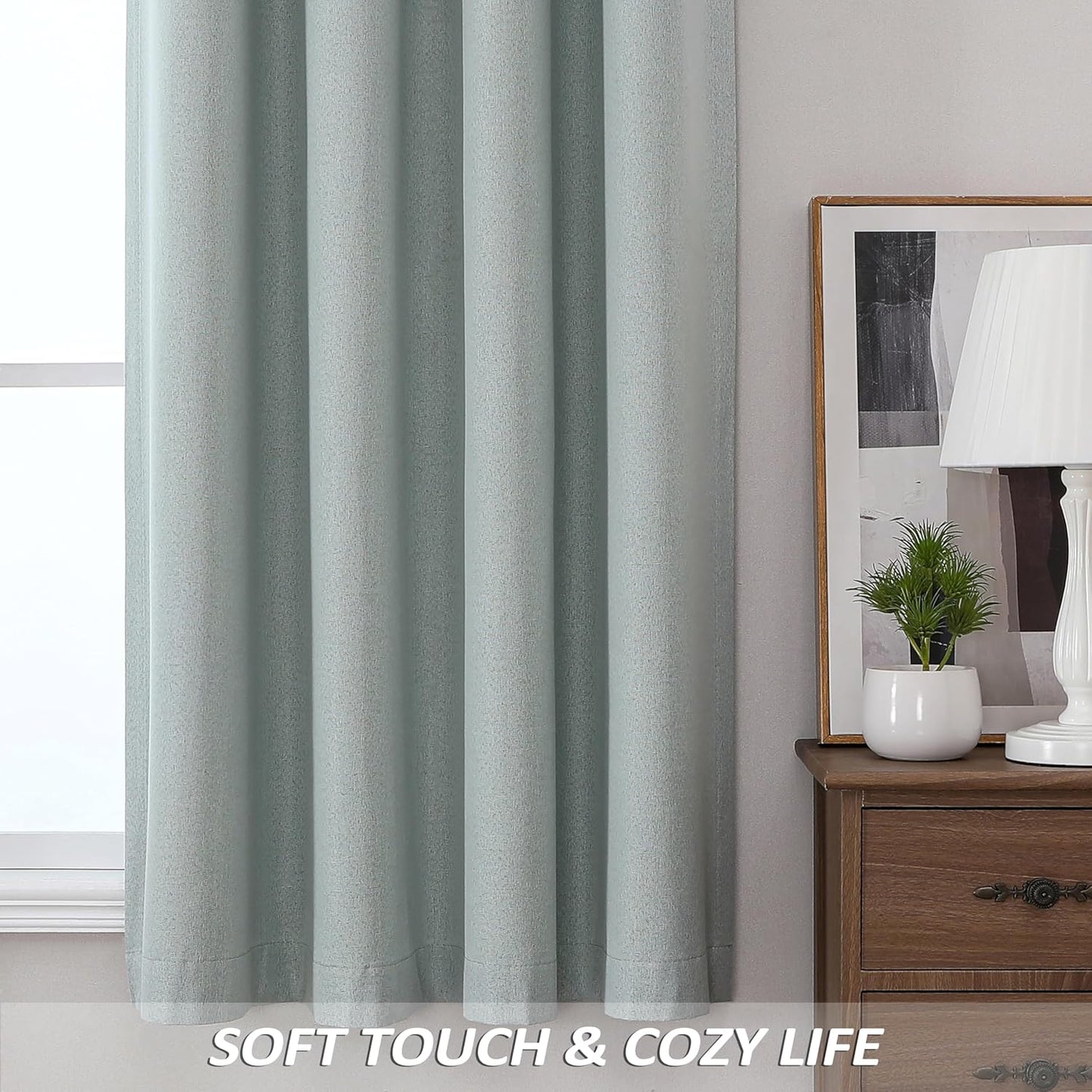 THOOO 100% Blackout Curtains - Natural Linen Textured Grommet Panels | 95-Inch Sage Green for Bedroom & Nursery