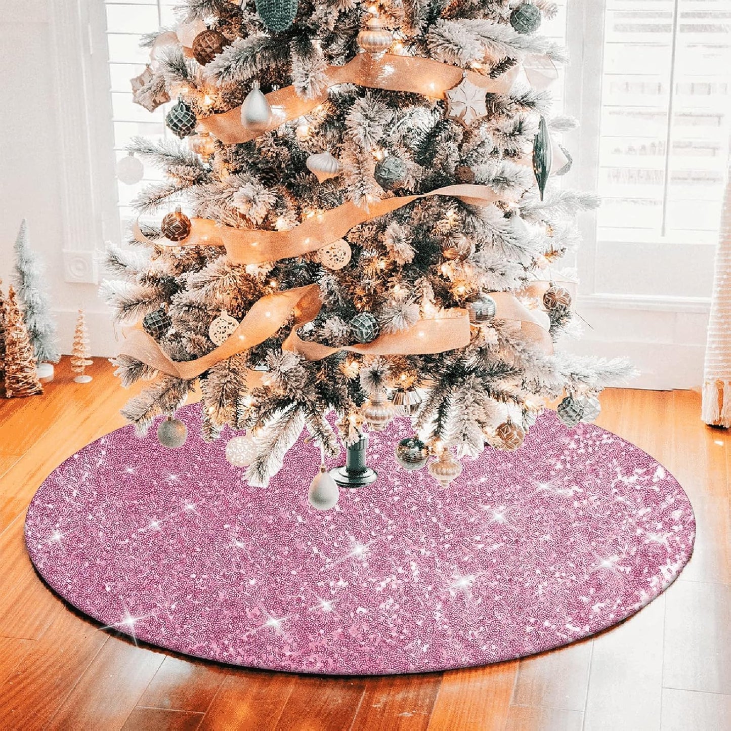 Pink Christmas Tree Skirt, 48 inch Large Sequin Xmas Tree Mat, Double Layers Glitter Decorations for 7.5 Ft Tree