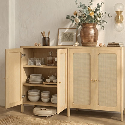 KISLOT 63" Rattan Buffet Cabinet with Storage, Sideboard with Adjustable Shelf, Accent Kitchen Floor Storage Cabinet with 2 Doors, Coffee Bar for Living Room, Entryway, Natural Oak(2 Box)