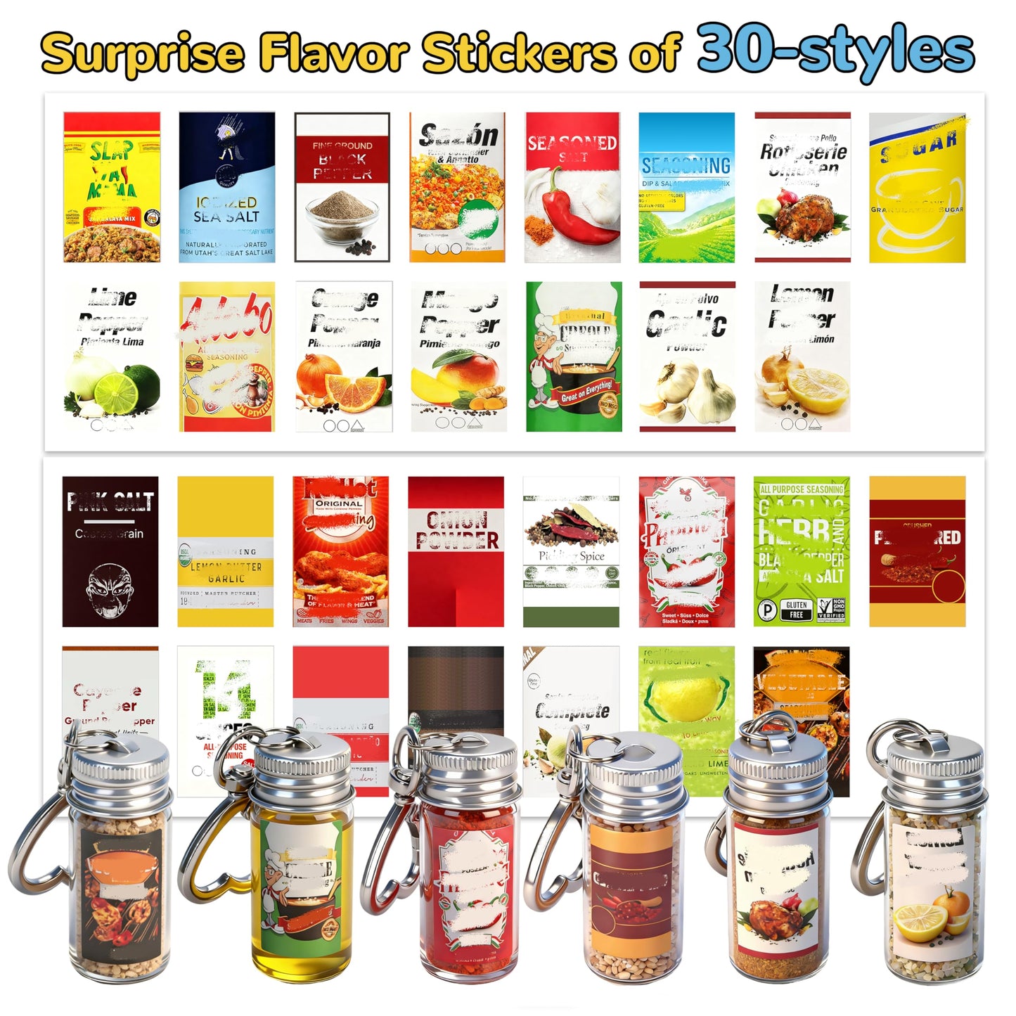 FANTOVO Mini Seasoning Keychain Bottle Set, 6 Pcs Empty Spice Jar with Mini Funnels & DIY Stickers of 30 Styles, On-the-Go Airtight Keychain Holders for Travel, Outdoors, Lunchboxes, Camping, 6+2+4 Total.