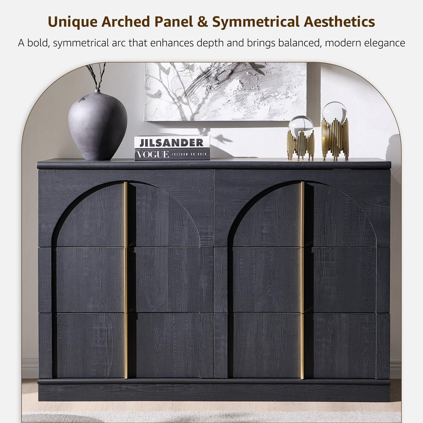 ACCOHOHO Arched Dresser for Bedroom with 6 Drawers, 47.3" Wide Modern Chest of Drawers with Rounded Edge & Metal Handles, Wood Storage Closet Dressers TV Stand for Living Room, Hallway, Black