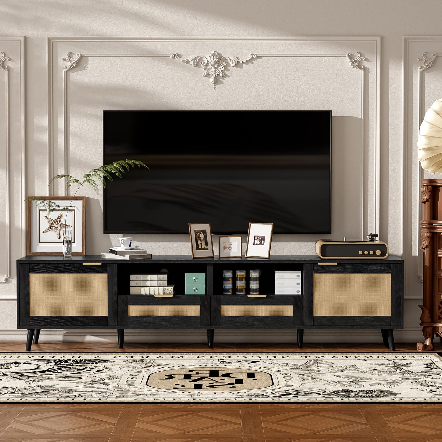 Merax TV Stand for TVs up to 85", 78 Inch Modern Media Console, Entertainment Center with Storage Drawers and Rattan Doors, Open Shelves, Solid Wood TV Cabinet Table for Living Room Furniture