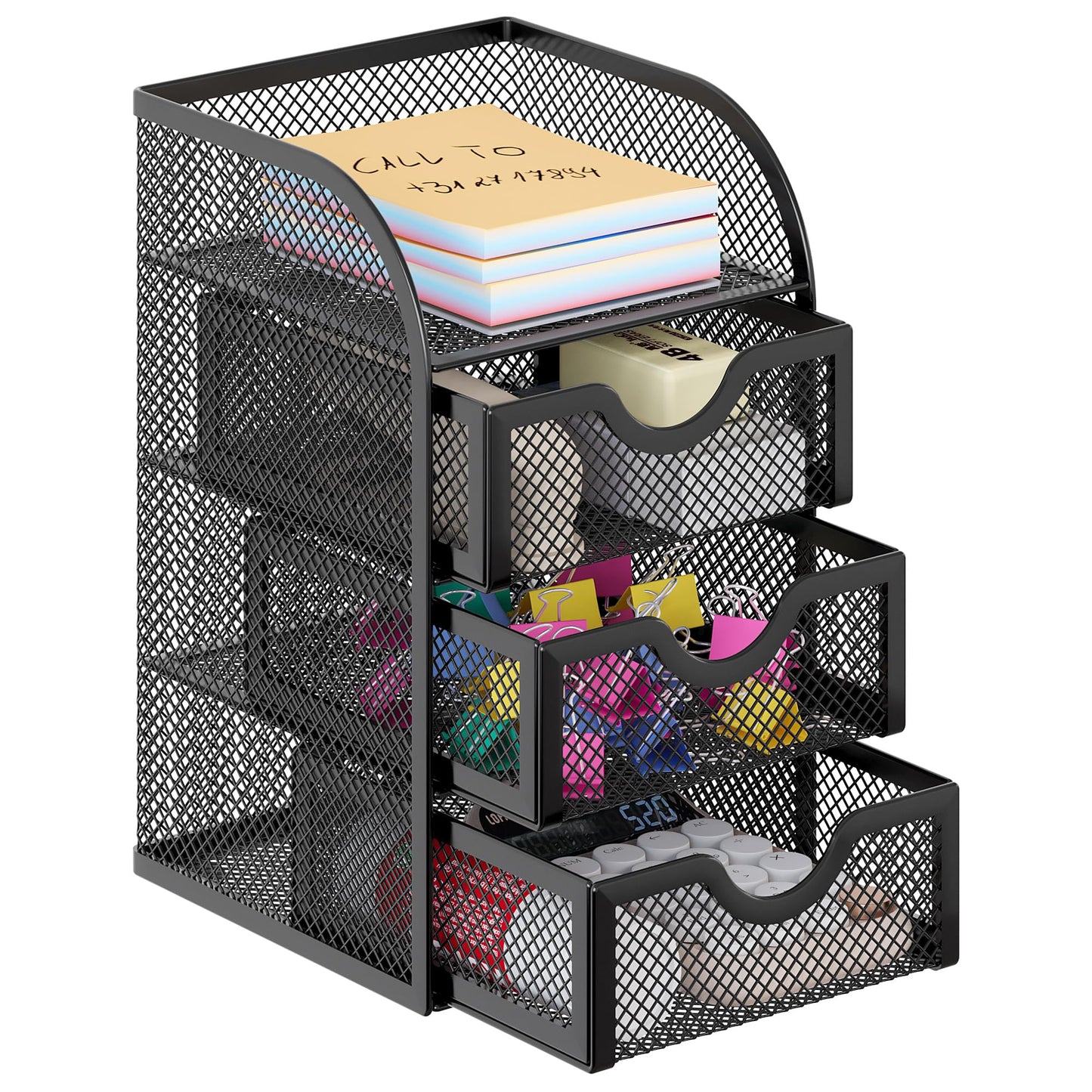 EasyPAG Mesh Desk Organizer with 3 Drawer Office Desktop Organizers and Accessories Stationery Caddy for Office, Home, Students, Black