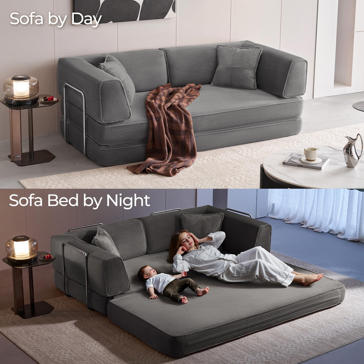 LINSY Home 79" Convertible Sofa Bed, 4-in-1 Corduroy Boneless Couches for Living Room, Folding Queen Size Futon, Floor Mattress Loveseat Sofa Bedroom Apartment Lounge, 2 Pillows, Grey