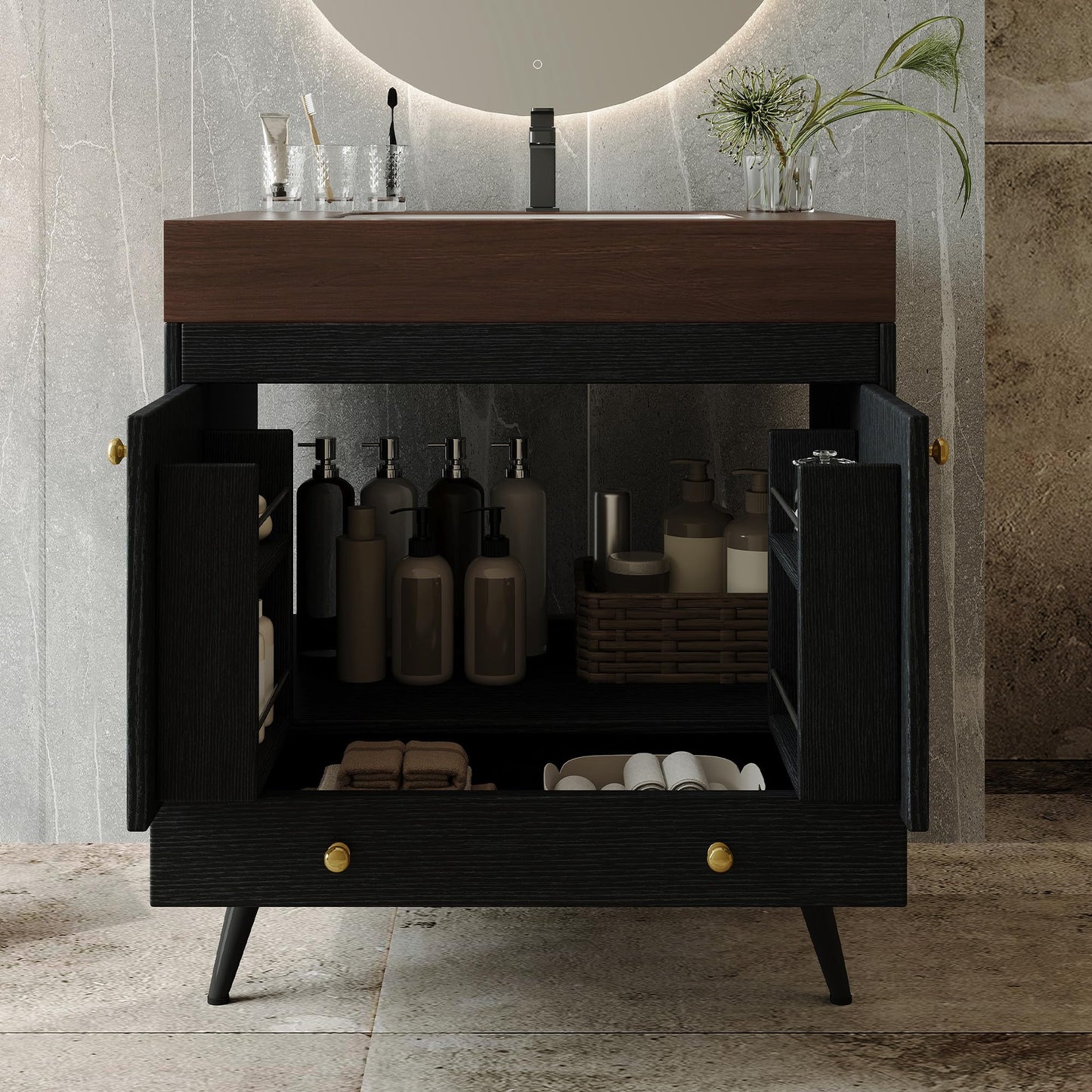 KEIKI 30 Inch Freestanding Bathroom Vanity with Sink, Retro Storage Cabinet with Double Door and Drawer, Waterproof Wood Panel, Faux Marble Top & Ceramic Basin Combo Set, Black & Walnut