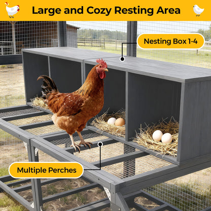 COZIWOW Chicken Coop with Full Waterproof Cover, 9' Extra Large Wooden Chicken House for 10-15 Chickens, 4 Nesting Boxes, Roosting Bars, Outdoor Walk-in Poultry Run for Backyard, Farm, Modern Gray