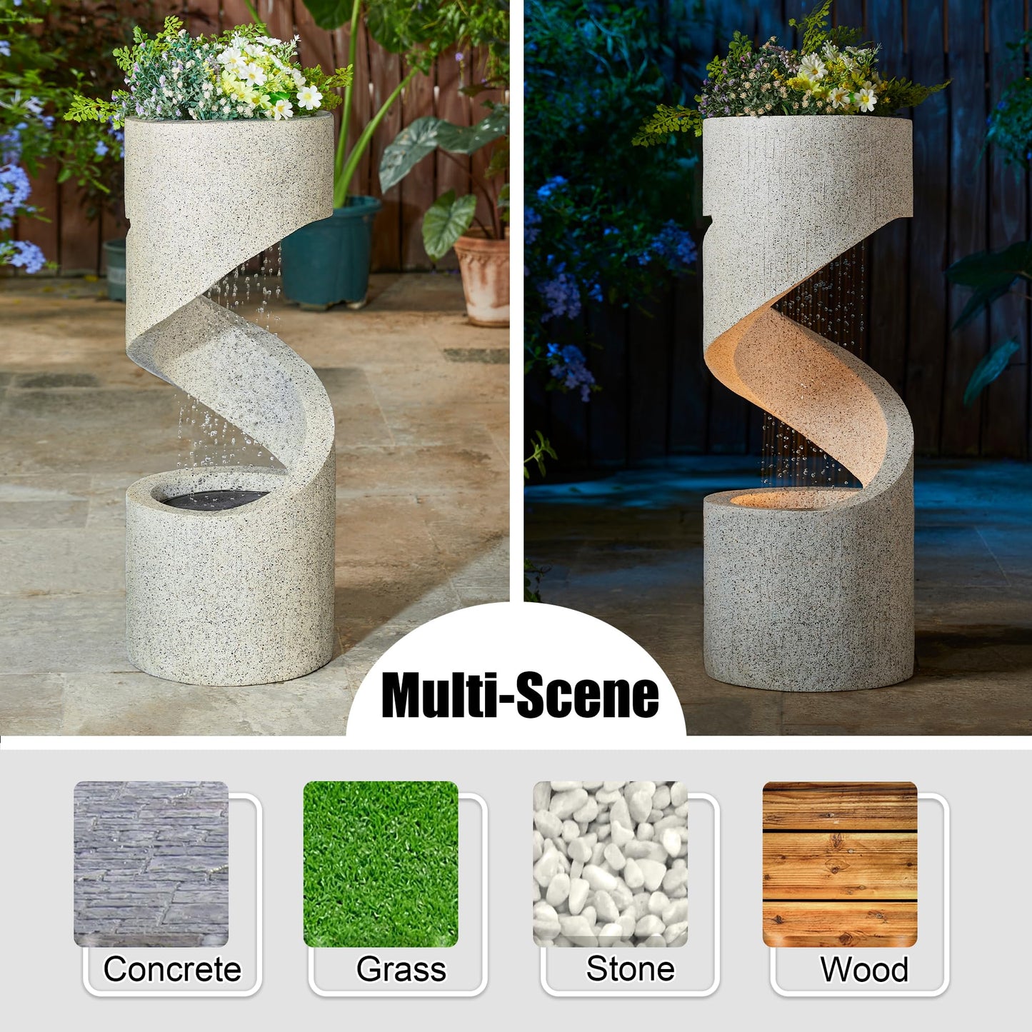 Glitzhome Outdoor Water Fountain with LED Light, Decorative Tiered Curved Waterfall Fountain with Stone Planter, Faux Terrazzo Spiral Shaped Outdoor Fountains for Garden Deck Patio Porch, 31.25”H