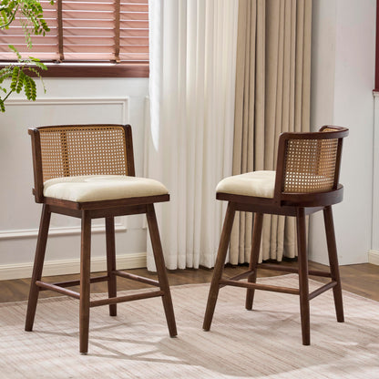 Christopher Knight Home Aphe Counter Height Bar Stools Set of 2, Fabric Upholstered Bar Stool for Kitchen Island, Rubberwood Counter Stools with Woven Rattan Backrest, Beige + Dark Walnut