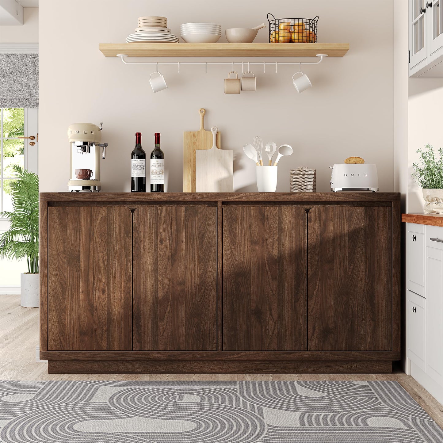 knoworld Buffet Cabinet with Storage, Outlet & Adjustable Shelves, Sideboard Cabinet with Double-Arc Doors, Classic Modern Wood Console Table & Credenza for Dining Room & Entryway
