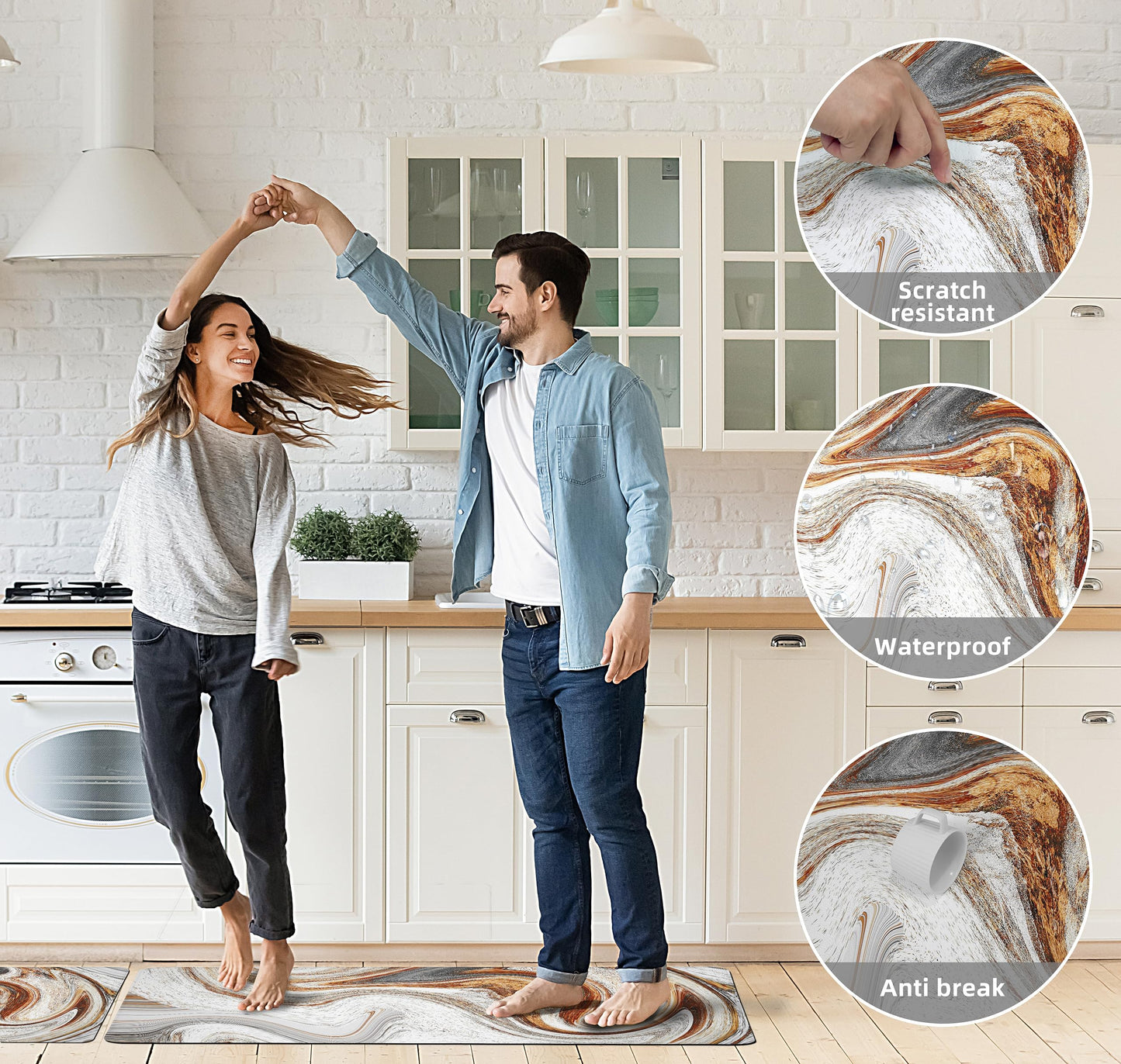 tubeamin Kitchen Mats for Floor Anti Fatigue Floor Marble Cushioned Memory Foam Non Slip PVC Leather Padded Comfort Standing Rugs Set of 2, 17.3x28+17.3x47 Inch,0.4 Inch Thick