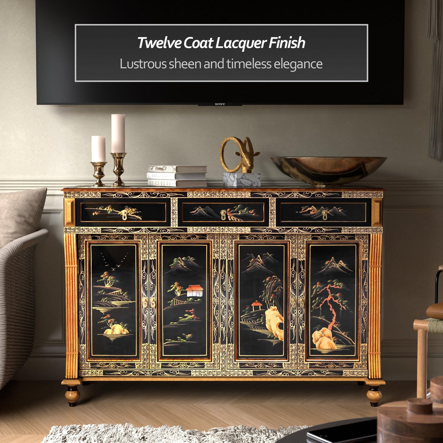Red Lantern Artisan Crafted Black Lacquer Sideboard - Landscape
