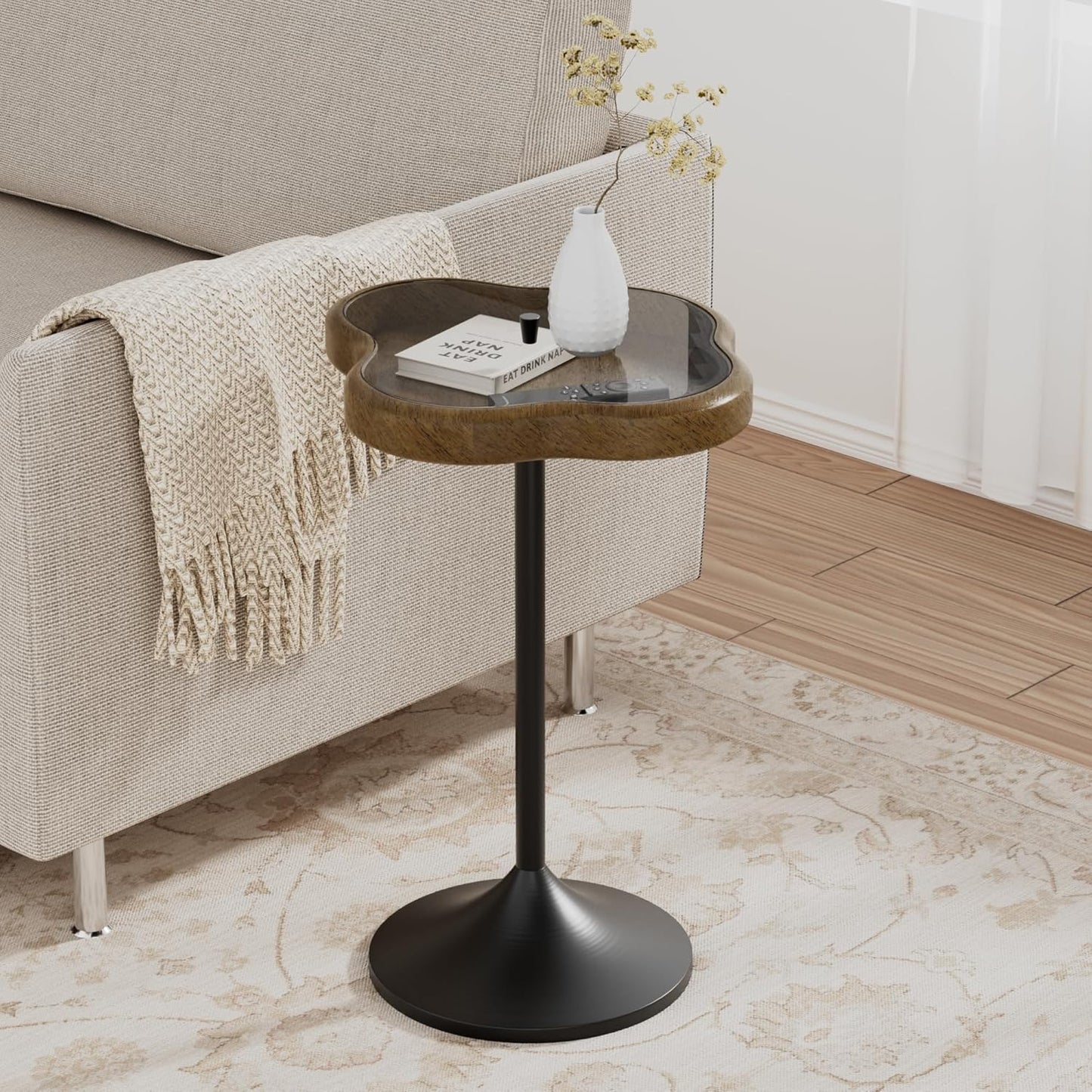 Aoligrace Small Side Table, Solid Wood End Table with Tempered Glass Top, Unique Drink Pedestal Table with Storage