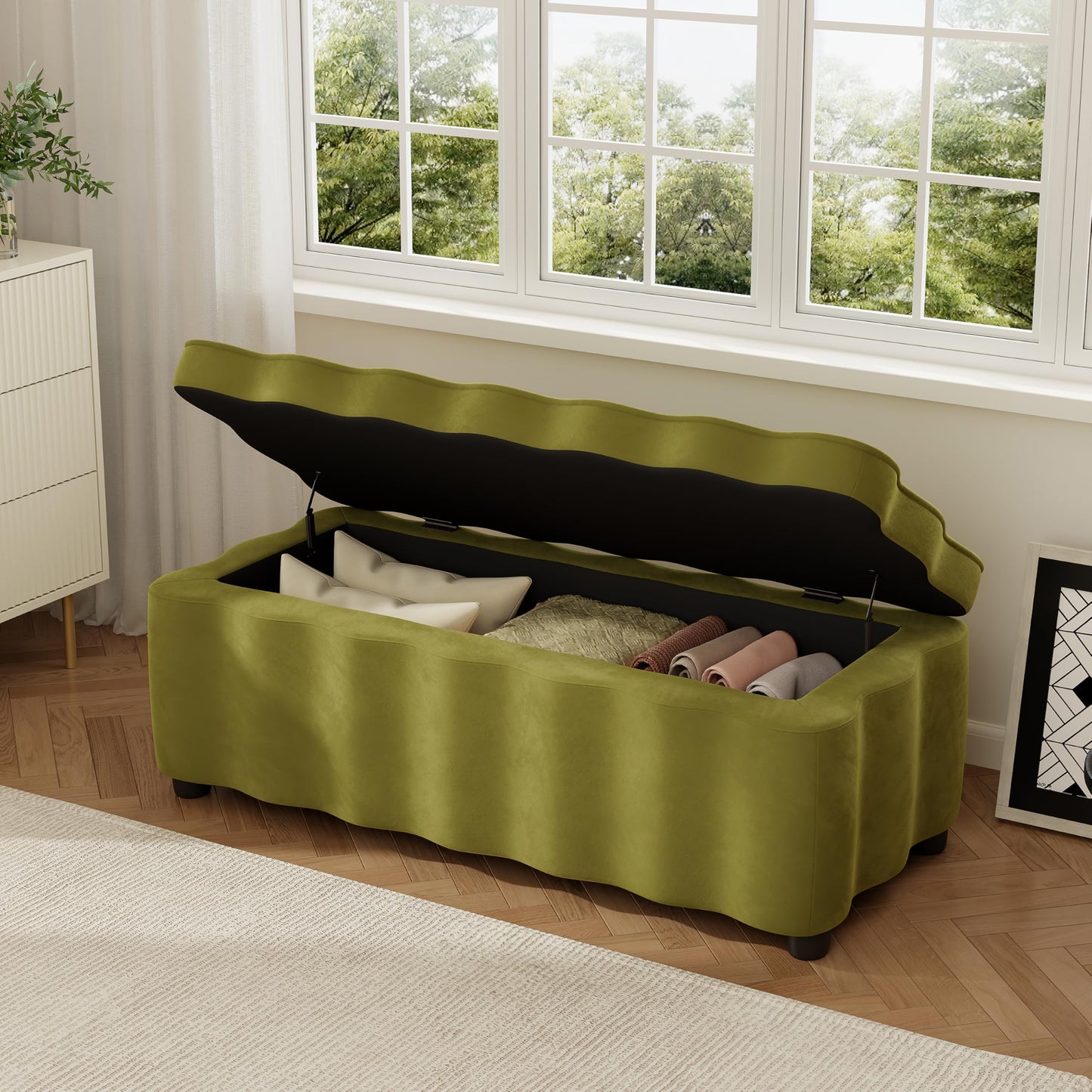 Christopher Knight Home Pean Living Room Ottoman with Storage, Velvet Upholstered Storage Ottoman Bench, Sofa Foot Stool with Wood Frame, Bedroom End of Bed Bench, Chic Scalloped Design, Olive Green