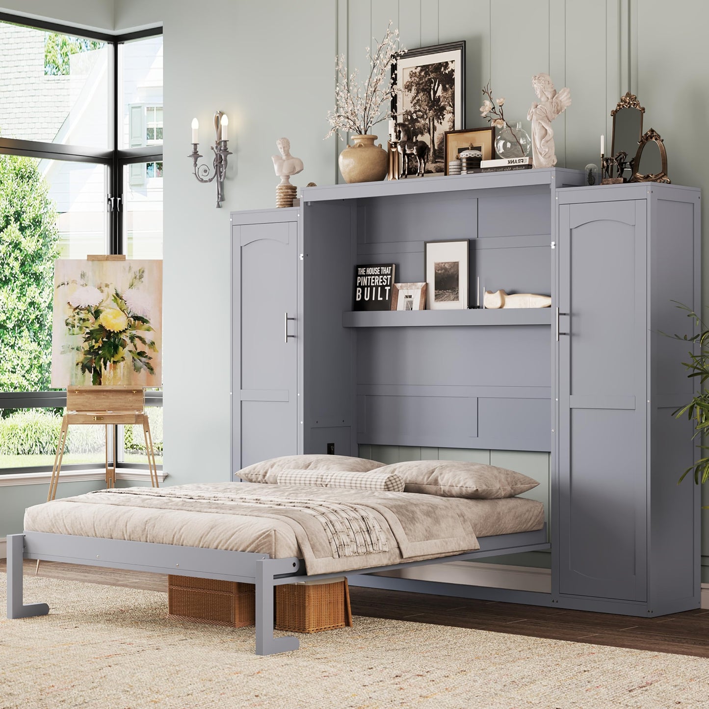 Ball & Cast Full Size Murphy Bed,Wood Foldable Wall Bed with 2 Sides Wardrobe and Storage Shelf, Hidden Cabinet Bed Frame for Bedroom,Guest Room,Space Saving,No Box Spring Needed,Gray