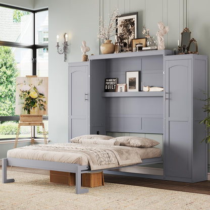 Ball & Cast Full Size Murphy Bed,Wood Foldable Wall Bed with 2 Sides Wardrobe and Storage Shelf, Hidden Cabinet Bed Frame for Bedroom,Guest Room,Space Saving,No Box Spring Needed,Gray