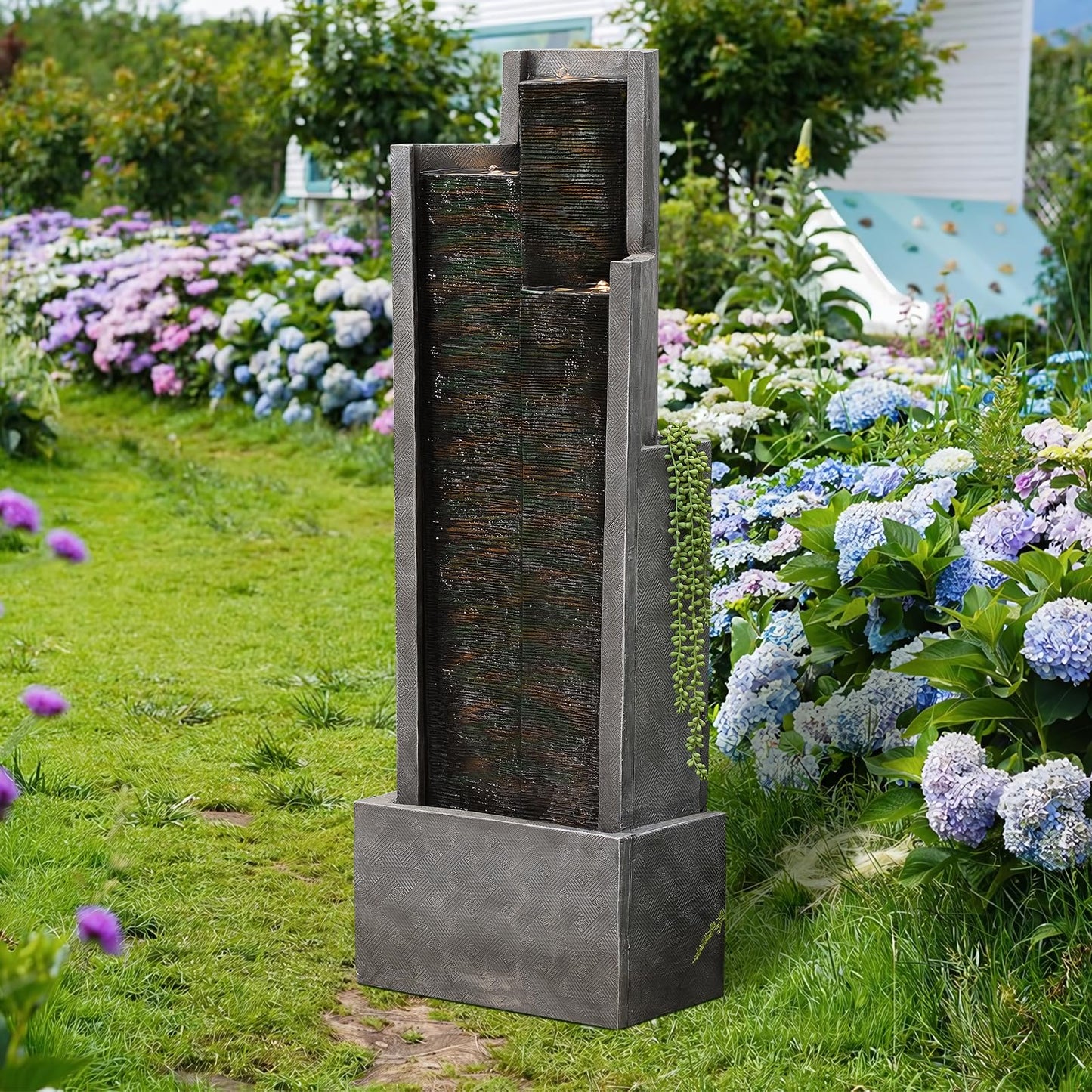 49.6" H Modern Water Outdoor Fountain,Garden Cascading Indoor Resin Water Fountains Tall Floor - Standing Fountain with LED Light for Patio, Yard, Deck and Home Decor