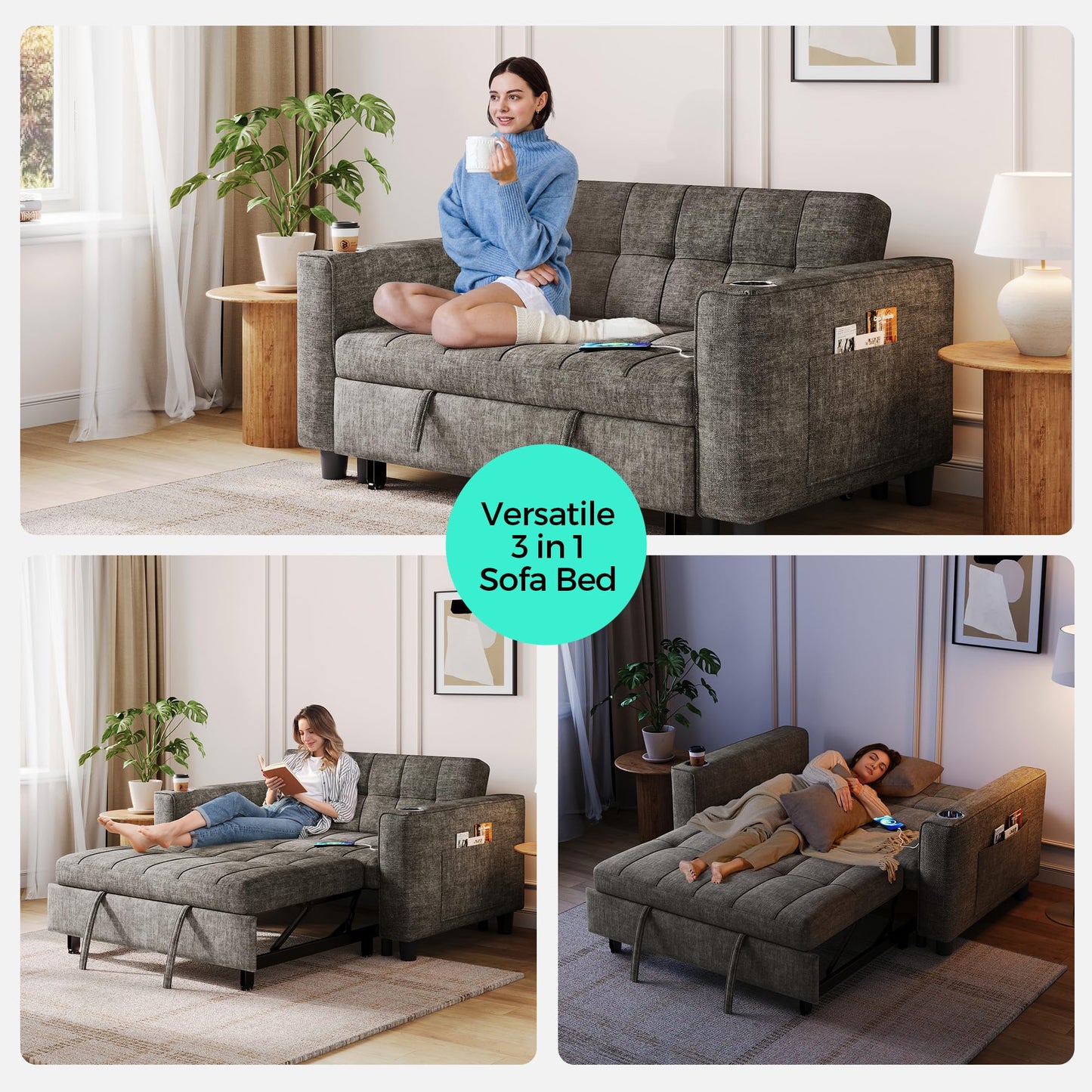 LINSY 54" Pull Out Couch with Charging Station, Small Sleeper Sofa Bed with Cup Holder, 3 in 1 Convertible Loveseat Sleeper Couch for Apartment, Dorm Room, Bedroom and Small Space, Gray