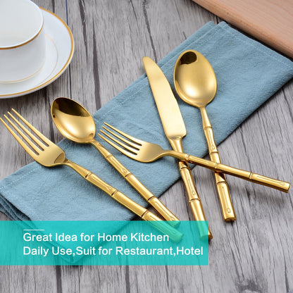 Flatasy Silverware Set Gold Flatware Set Stainless Steel Bamboo Handle Cutlery Set Mirror Polished 60 Pieces for Home Kitchen Restaurant Hotel Wedding Housewarming Gift Service for 12