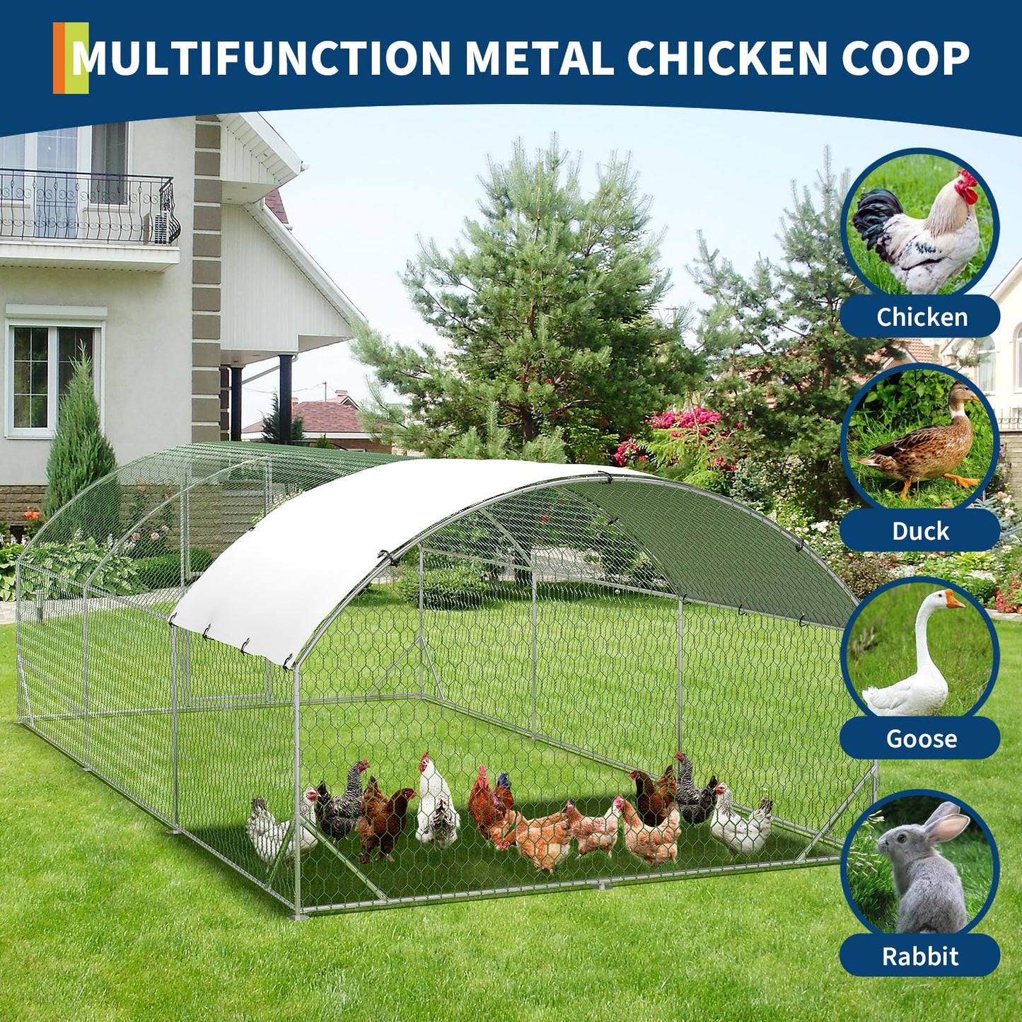 Large Metal Chicken Coop, Chicken Runs for Yard with Cover, Large Chicken Run with Double Door and Upgrade Tri-Supporting, for Outdoor Farm Yard (9.8'L x 19.7'W x 6.6'H)