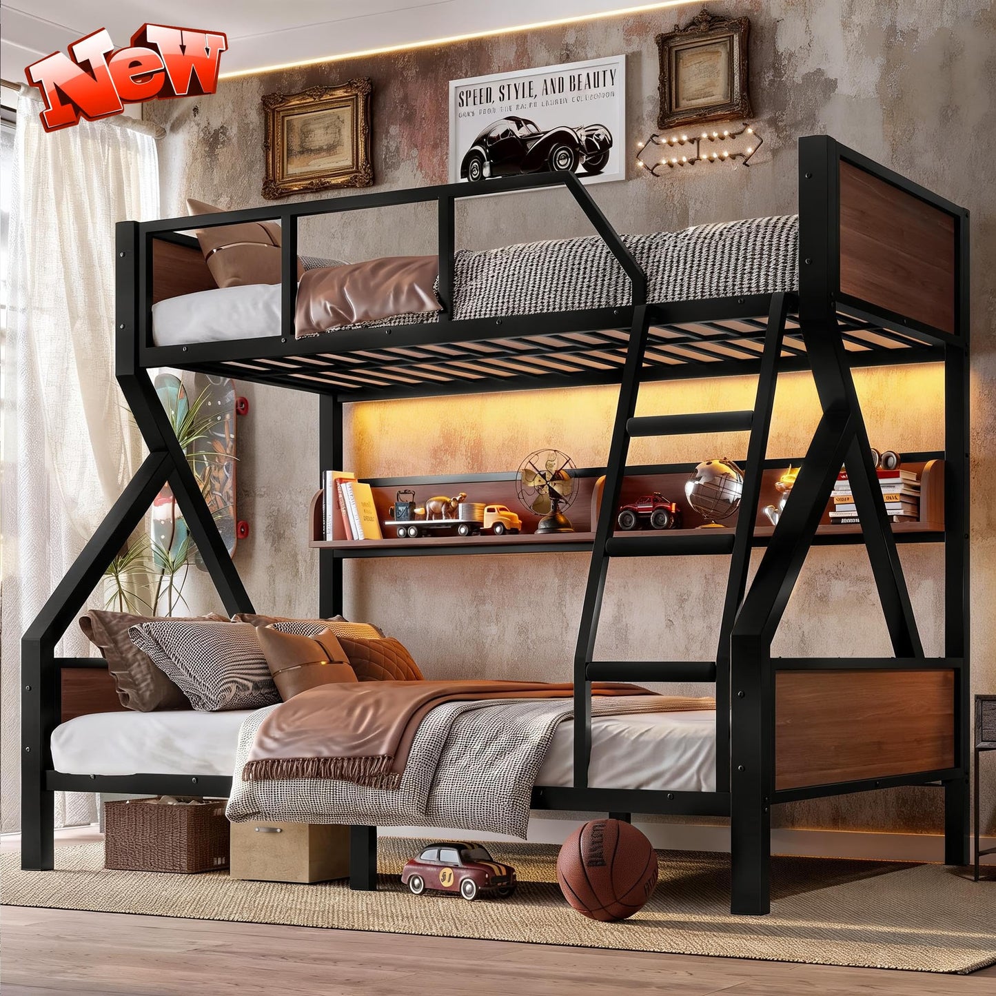 SIMPLEZC Upgraded Version Heavy Duty Thicken Metal Twin Over Full Bunk Bed with Storage Shelves and Lights, Best Industrial Style Bunk Bed Twin Over Full Size with Wood Board for Adults