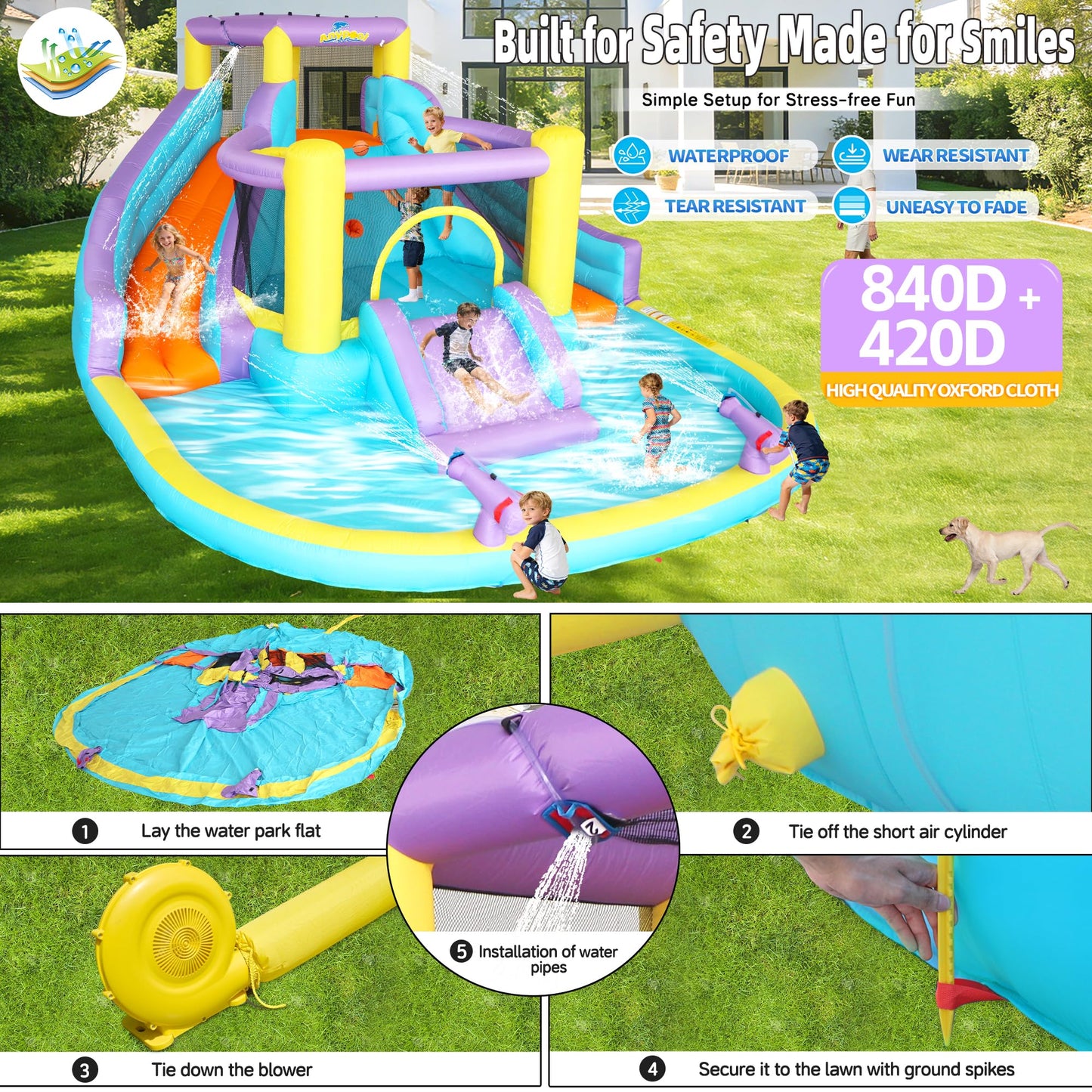 7-in-1 Inflatable Water Slide Bounce House with 3 Slides, Splash Pool, Climbing Wall, Water Gun & Basketball – for Kids Aged 3-10, 520W Blower, 168 x 150 x 78 Inches, Outdoor Backyard Fun