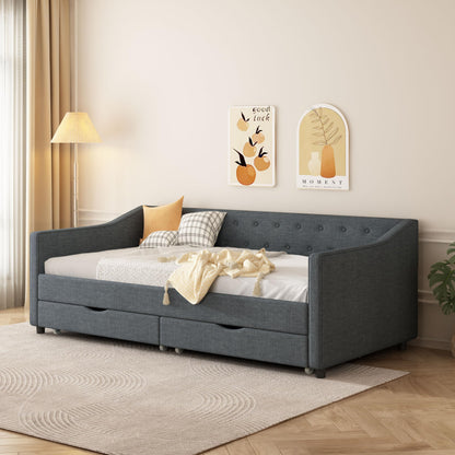 Ball & Cast Twin Size Daybed with Storage Drawers,Linen Upholstered Day Bed Frame with Button Tufted Back and Waved Shape Arms for Bedroom,Guest Room,No Box Spring Needed,Dark Grey