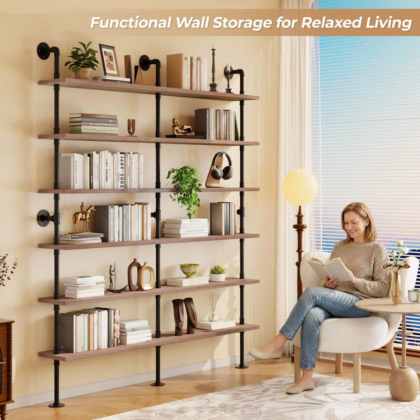 Anynice Industrial Ladder Shelf Bookcase, Wall Mounted Rustic Bookshelf, Retro Wood Metal Pipe Industrial Shelves for Living Room(Weathered Brown, 6 Tier - 10" D x 70" W x 82.5" H)