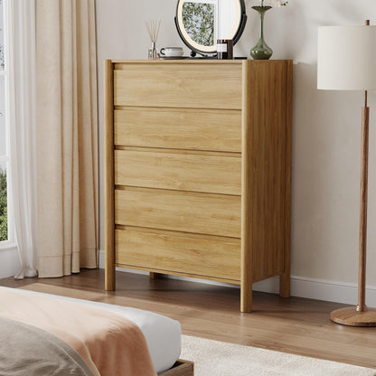 HOUROM 45" Tall 5-Drawer Dresser for Bedroom, Mid-Century Modern Chest with Solid Wood Legs, Concealed Handle,Large Wood Storage Organizer, Bedroom Storage,Oak