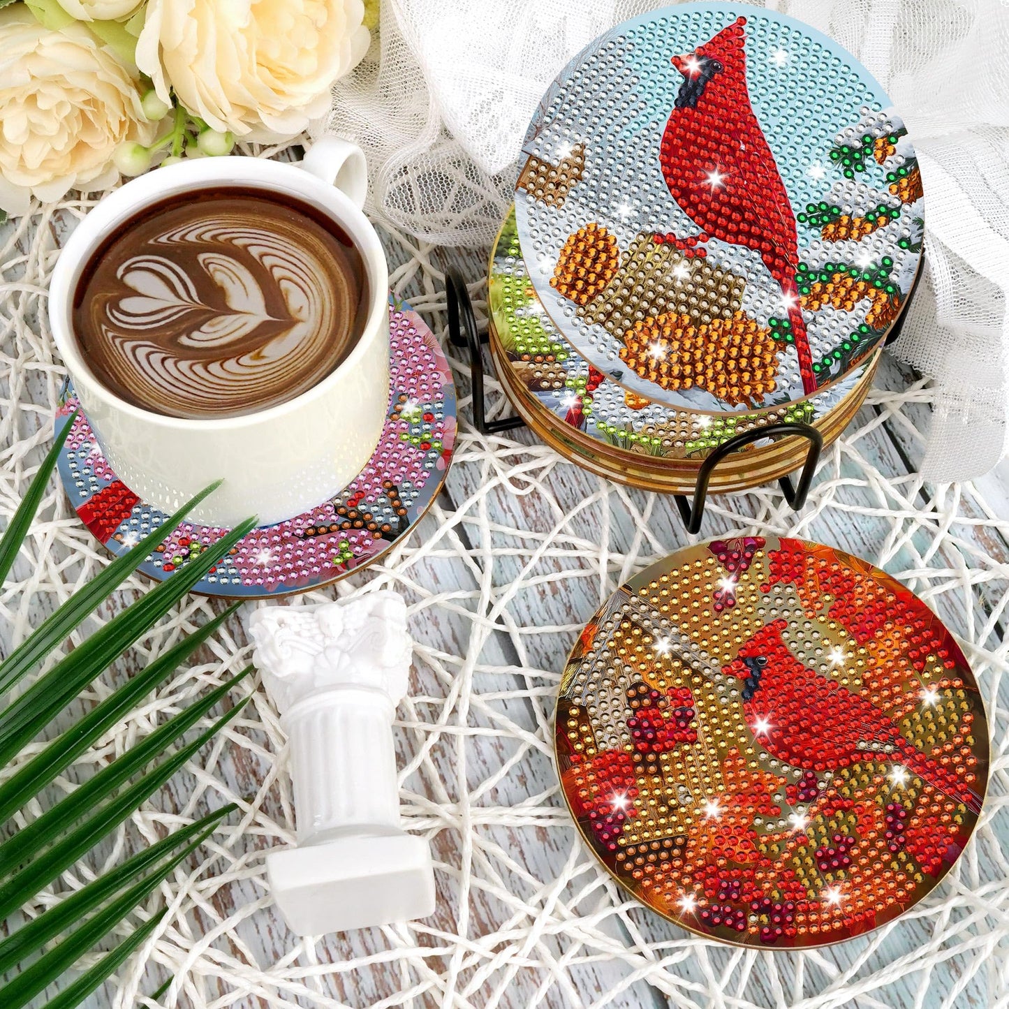 Cardinal Diamond Art Coasters Kit, 8 Pcs Red Bird Diamond Painting Coaster with Holder and Cork Pads, Non-Slip DIY Coasters Art for Adults Beginners DIY Craft Home Decor, Christmas Birthday Gifts