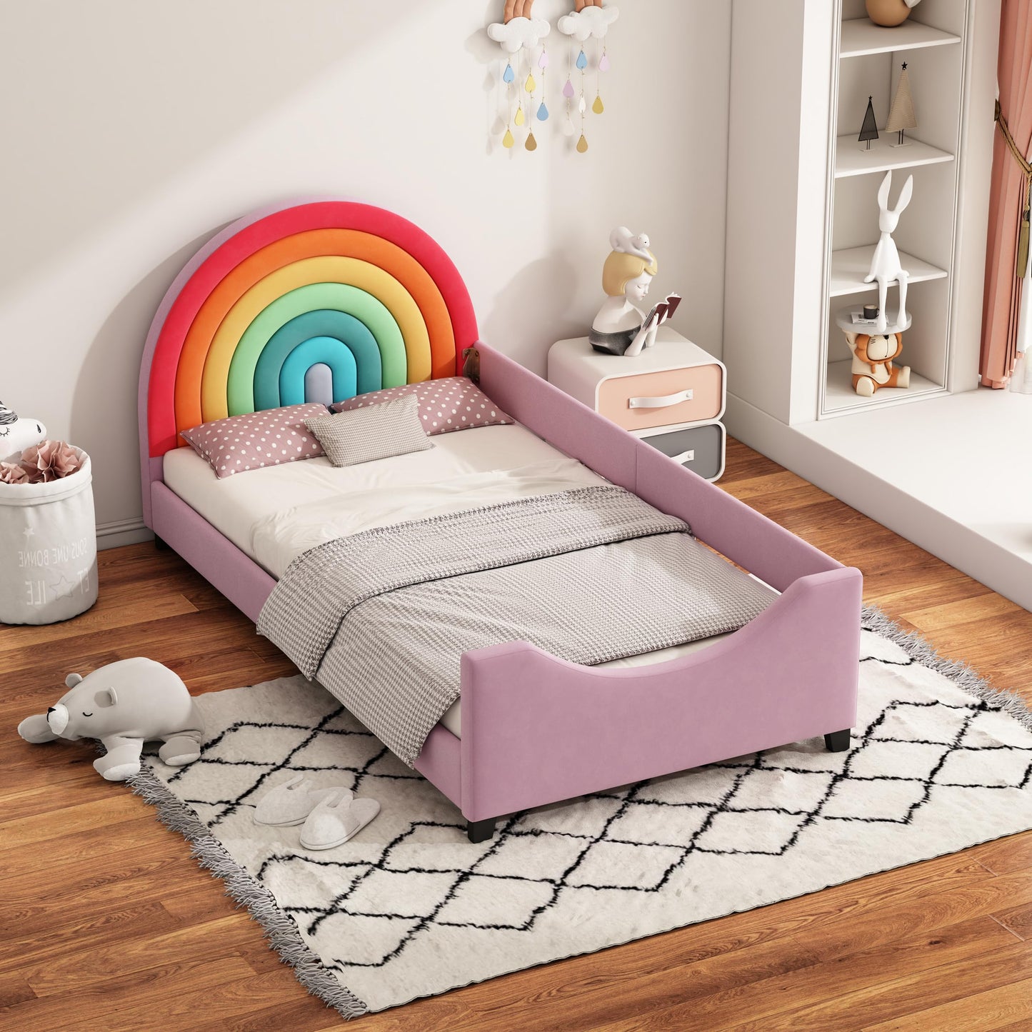 Merax Rainbow Design Velvet Upholstered Twin Daybed for Children's Room, Bedroom, Cute Style Metal Bed Frame with Solid Slats Support for Girls, Boys, Teens, No Box Spring Needed, Pink