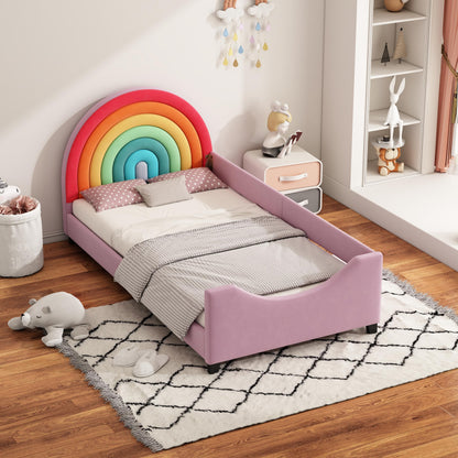 Merax Rainbow Design Velvet Upholstered Twin Daybed for Children's Room, Bedroom, Cute Style Metal Bed Frame with Solid Slats Support for Girls, Boys, Teens, No Box Spring Needed, Pink