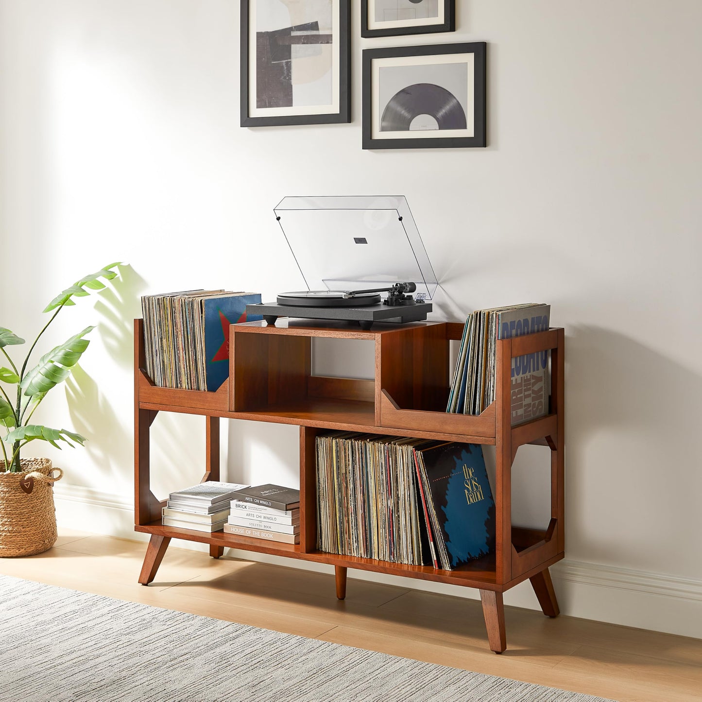 Crosley Furniture Asheville Mid-Century Modern Media Console Record Player Stand, Storage for Vinyl Records, Large, Walnut