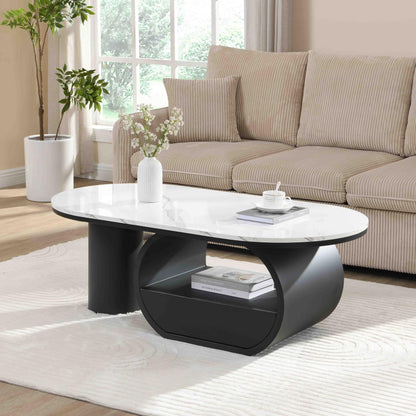 KEIKI Luxury Modern Oval Coffee Table with Storage Drawer, 47.24" Faux Marble Top, Wooden Coffee Table with Shelf, Sturdy Black Metal Frame for Living Room & Office, Black White