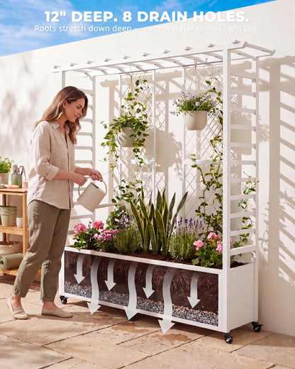 TinFrey Metal Raised Garden Bed with Trellis, 77" Double Planter Box with Pergola Top & Diamond Lattice, 6 Wheels (4 Lockable), Outdoor Trellis Planter for Climbing Plants Vines Flowers, White