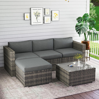 Wisteria Lane 5-Pieces Outdoor Patio Furniture Set, All Weather Wicker Rattan Sectional Sofa, Patio Conversation Set with Cushions & Glass Coffee Table for Backyard Porch Garden Balcony, Grey