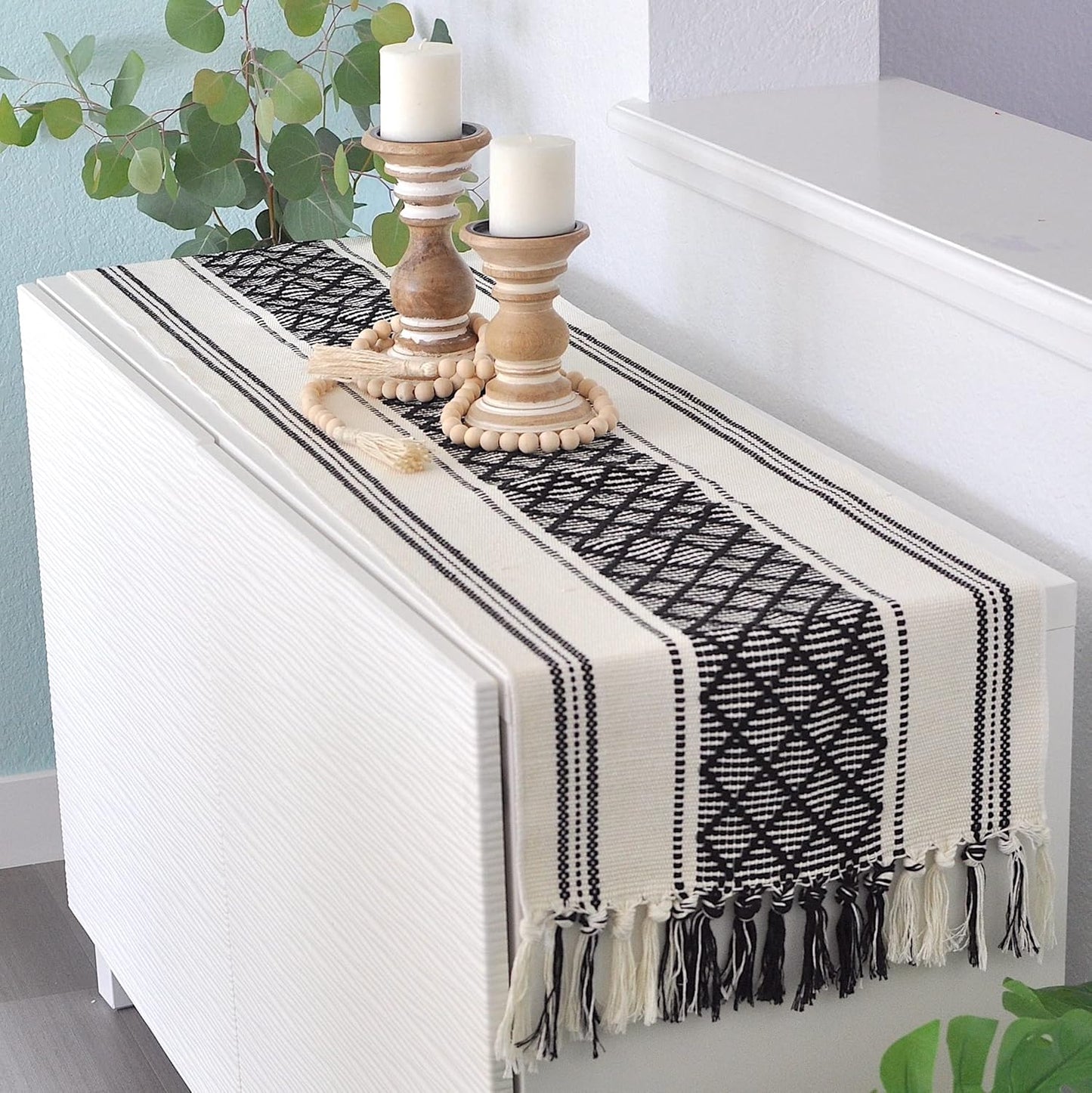 14 72 Inches, Boho Table Runner with Tassel x Black & Cream Cotton Woven Washable Dresser Scarf Top Cover for Furniture