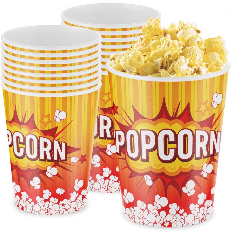 Leakproof, Super Durable 32oz Popcorn Cups 100 Pack. Grease-Proof Disposable Pop Corn Tubs With Cool Design Are the Ultimate Movie Theater Accessory. Large Containers Great for Any Party or Event