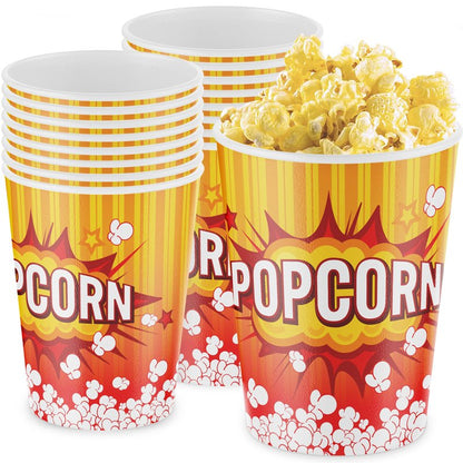 Leakproof, Super Durable 32oz Popcorn Cups 100 Pack. Grease-Proof Disposable Pop Corn Tubs With Cool Design Are the Ultimate Movie Theater Accessory. Large Containers Great for Any Party or Event