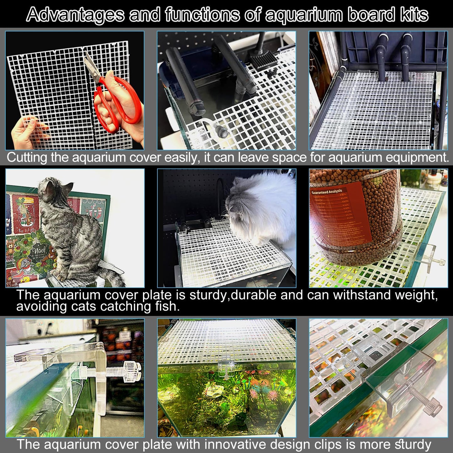 Weramics 4 Aquarium lid Hood Fish Tank top Cover Terrarium lid Plastic Grid Panel Egg Crate Grate 6 Aquarium Glass Cover Board Clip
