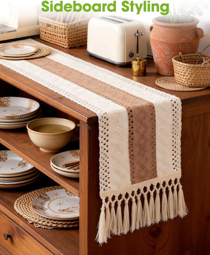 72 Inches, 12 72 Inch, Pureegg Farmhouse Boho Table Runner - Linen-Textured Woven Tassel Design for Dining Table Decor