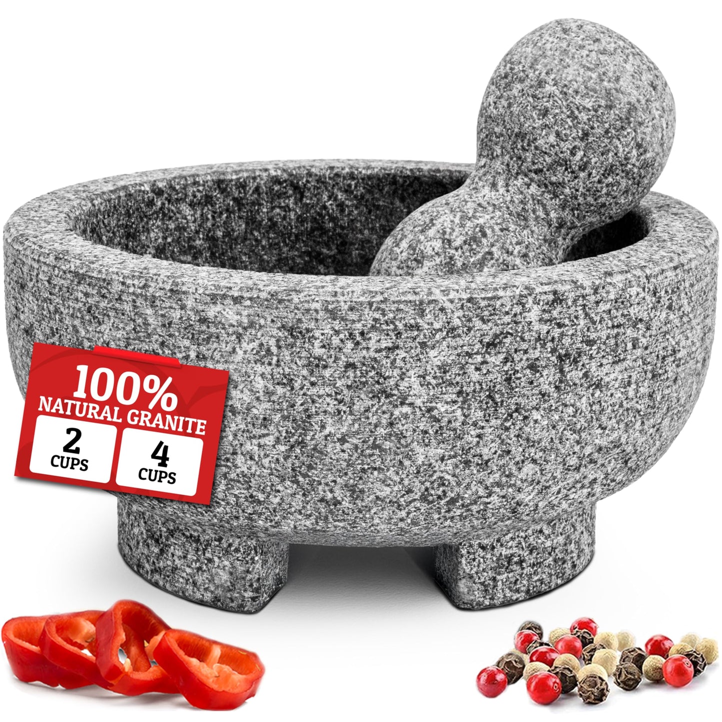 PriorityChef Granite Mortar and Pestle Set - 6.1 Inch Natural Stone Molcajete Mexicano for Spices, Seasonings, Pastes - Pestle and Mortar Bowl for Fresh Guacamole, Salsa, Pesto, Small, Grey