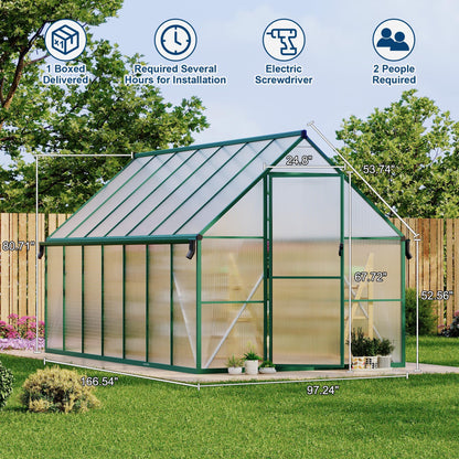 Polycarbonate Greenhouse for Outdoors, Large Walk-InGreenhouse with Quick Setup Structure and Roof Vent, Greenhouse with Ventilation