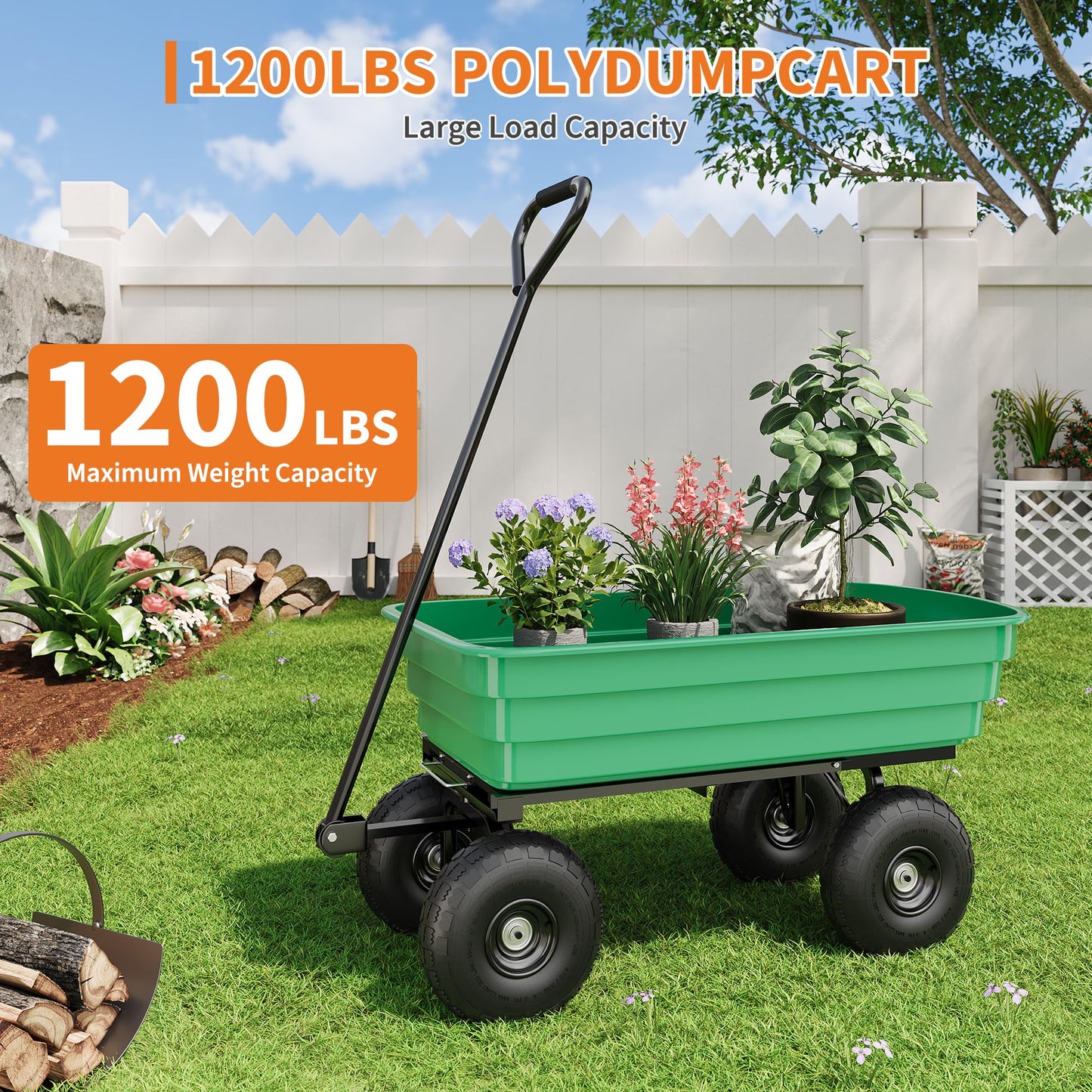 Tedyle Heavy Duty Garden Dump Cart – 4 Cu.Ft. Yard Wagon with 10-Inch No-Flat All-Terrain Wheels, 180° Rotating Handle & Quick-Release Dumping, Perfect for Outdoor Gardening, Farms & Lawns