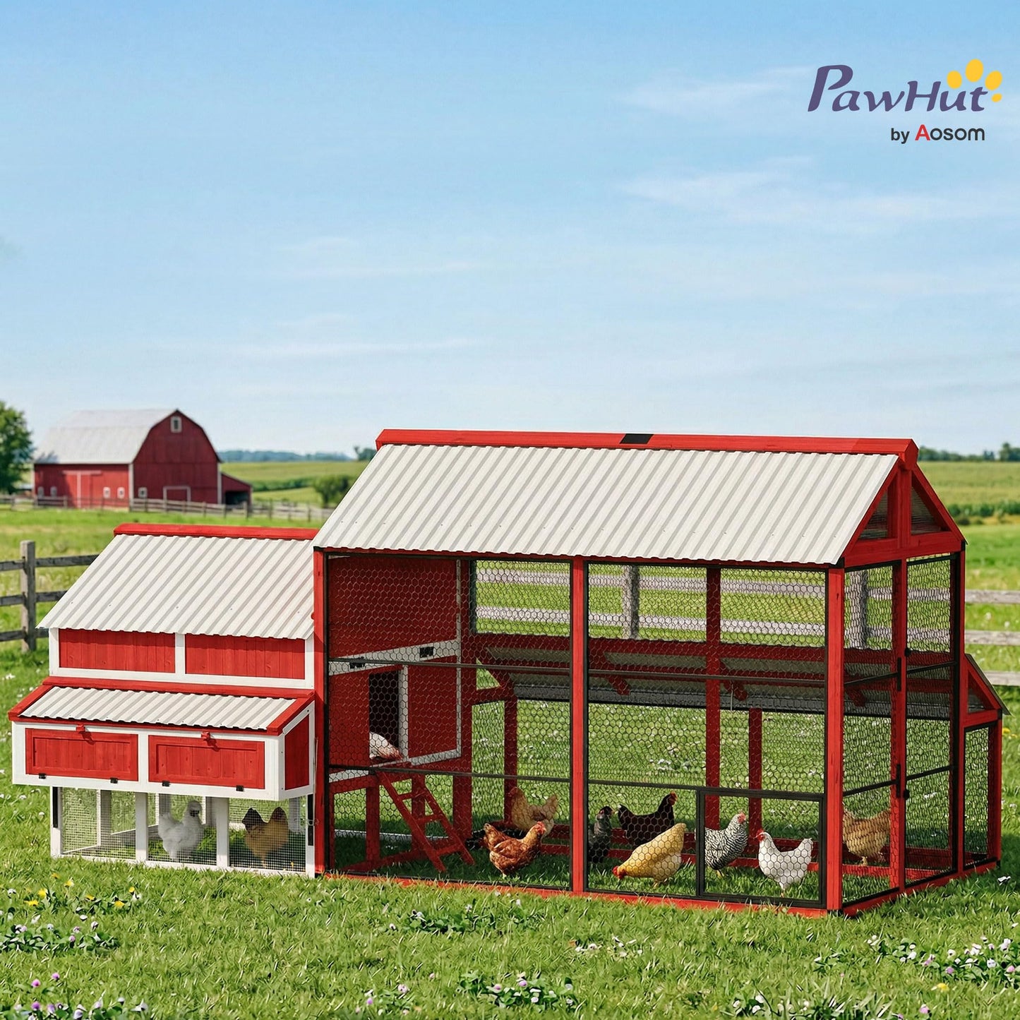 PawHut 187.3" Large Chicken Coop, Walk-in Wooden Hen House, Outdoor Poultry Cage w/Shovel, Run, Waterproof Roof, Nesting Box, Perches, Chicken House for 10-15 Hens, Rabbits, Ducks, for Farm Backyard