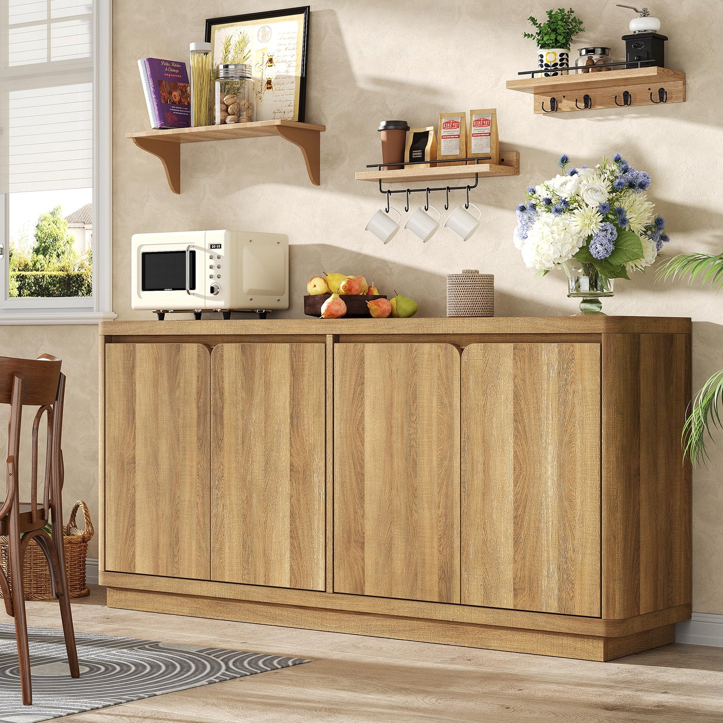 knoworld Buffet Cabinet with Storage, Outlet & Adjustable Shelves, Sideboard Cabinet with Double-Arc Doors, Classic Modern Wood Console Table & Credenza for Dining Room & Entryway