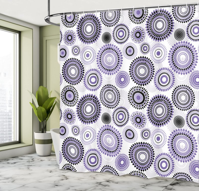 Ambesonne Floral Shower Curtain, Abstract Medallion Pattern Round Shape with Leaves Balls Floral Flowers, Cloth Fabric Bathroom Decor Set with Hooks, 69" W x 75" L, Purple White