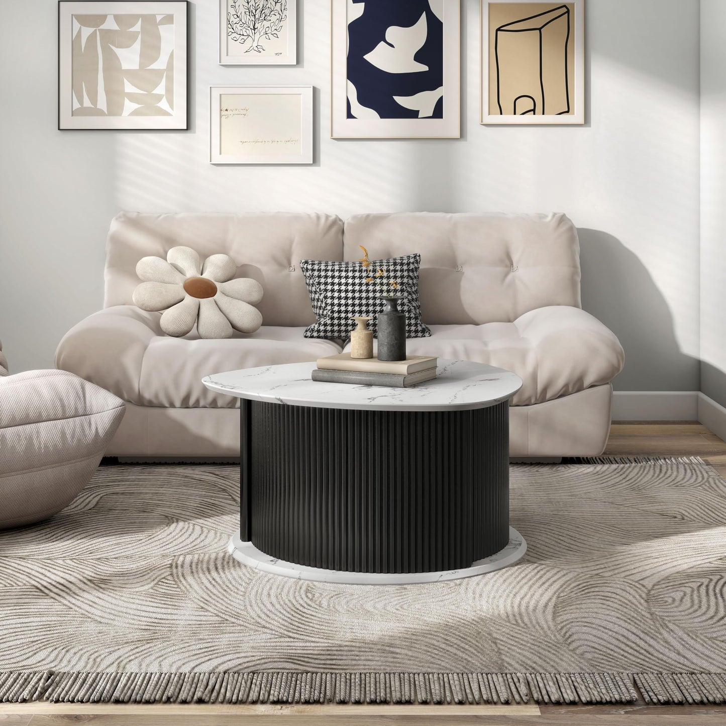 HOMES: Inside + Out Elara Modern 29-inch Triangle Coffee Table with Marble Tabletop, Fluted Iron Pedestal Base and Hidden Storage for Small Space, Living Room, Home Office, Black